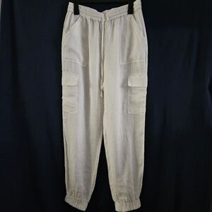 White‎ Linen Pants Cargo Pants Drawstring Waist Womens Large